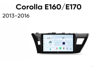 Infotainment touchscreen head unit for Toyota Corolla E160/E170 (2013–2016) with a wide central display and black side mounting brackets