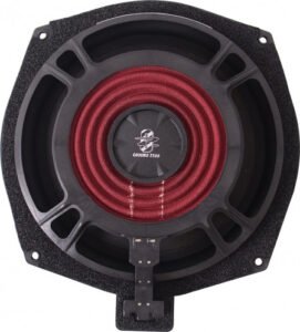 Ground Zero car subwoofer with red voice coil and black cone, square mounting frame