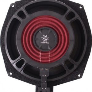 Ground Zero car subwoofer with red voice coil and black cone, square mounting frame