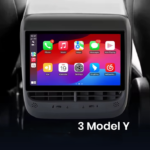 Rear-seat touchscreen displaying colorful apps inside a car, with '3 Model Y' caption at bottom.