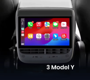 Rear-seat touchscreen displaying colorful apps inside a car, with '3 Model Y' caption at bottom.