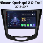 Infotainment touchscreen installed in the center console of a Nissan Qashqai/X-Trail T32 (2013–2017), displaying apps and navigation on the screen.