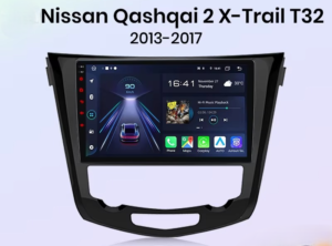 Infotainment touchscreen installed in the center console of a Nissan Qashqai/X-Trail T32 (2013–2017), displaying apps and navigation on the screen.