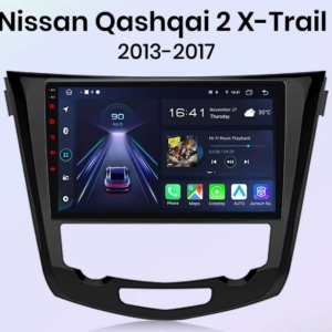 Infotainment touchscreen installed in the center console of a Nissan Qashqai/X-Trail T32 (2013–2017), displaying apps and navigation on the screen.