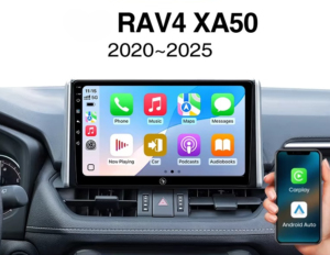 Infotainment screen in a RAV4 showing Apple CarPlay icons; a phone displays CarPlay/Android Auto in the dashboard.