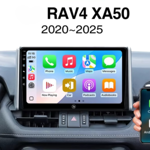 Infotainment screen in a RAV4 showing Apple CarPlay icons; a phone displays CarPlay/Android Auto in the dashboard.