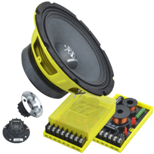 Yellow car audio speaker kit with a large subwoofer, crossovers, and wiring terminals laid out on a tray.