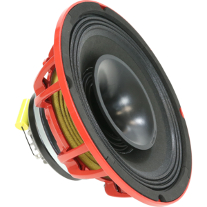 Close-up of a large black speaker driver with a red frame and yellow coil components visible behind the cone.