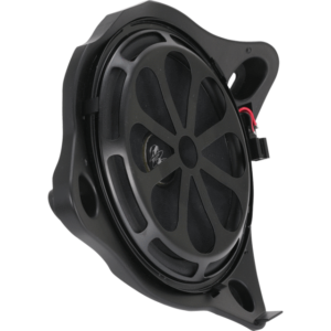 Car subwoofer in a circular black frame with a protective grill and mounting brackets
