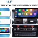 12.3‑inch BMW infotainment screen with Apple CarPlay on the dashboard (X3/X4 2011–2022 CIC NBT EVO) showing upgrade compatibility.