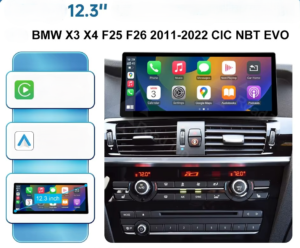 12.3‑inch BMW infotainment screen with Apple CarPlay on the dashboard (X3/X4 2011–2022 CIC NBT EVO) showing upgrade compatibility.