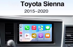 Infotainment touchscreen in a Toyota Sienna (2015–2020) displaying app icons like Phone, Music, Maps, Messages on a car dashboard center console