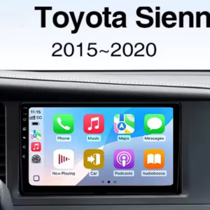 Infotainment touchscreen in a Toyota Sienna (2015–2020) displaying app icons like Phone, Music, Maps, Messages on a car dashboard center console