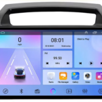 In-car infotainment touchscreen displaying a driving-lane visualization on the left, time 08:01, radio at 99.50 MHz, and app icons for Radio, File Manager, Gallery, Video, and Music.