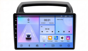 In-car infotainment touchscreen displaying a driving-lane visualization on the left, time 08:01, radio at 99.50 MHz, and app icons for Radio, File Manager, Gallery, Video, and Music.