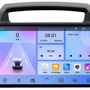 In-car infotainment touchscreen displaying a driving-lane visualization on the left, time 08:01, radio at 99.50 MHz, and app icons for Radio, File Manager, Gallery, Video, and Music.