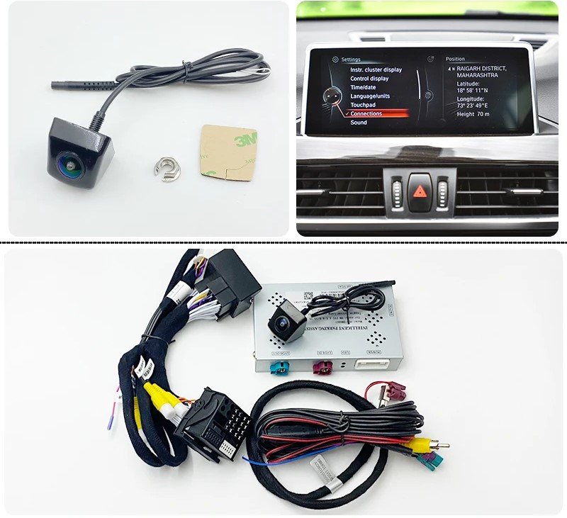 Compact car camera with wiring, mounting bracket, and adhesive pad for installation